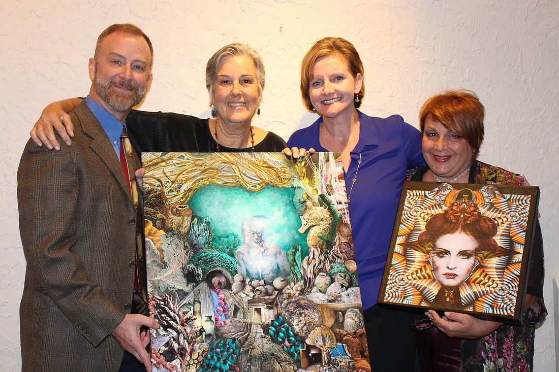 Jeffery Kin, artistic director of the Players Centre for Performing Arts, Katya De Luisa, Robyn Faucy, of the Neuro Challenge Foundation, and Elisabeth Trostli. Above: â€œLast Trainâ€ is indicative of De Luisaâ€™s collage-based work.