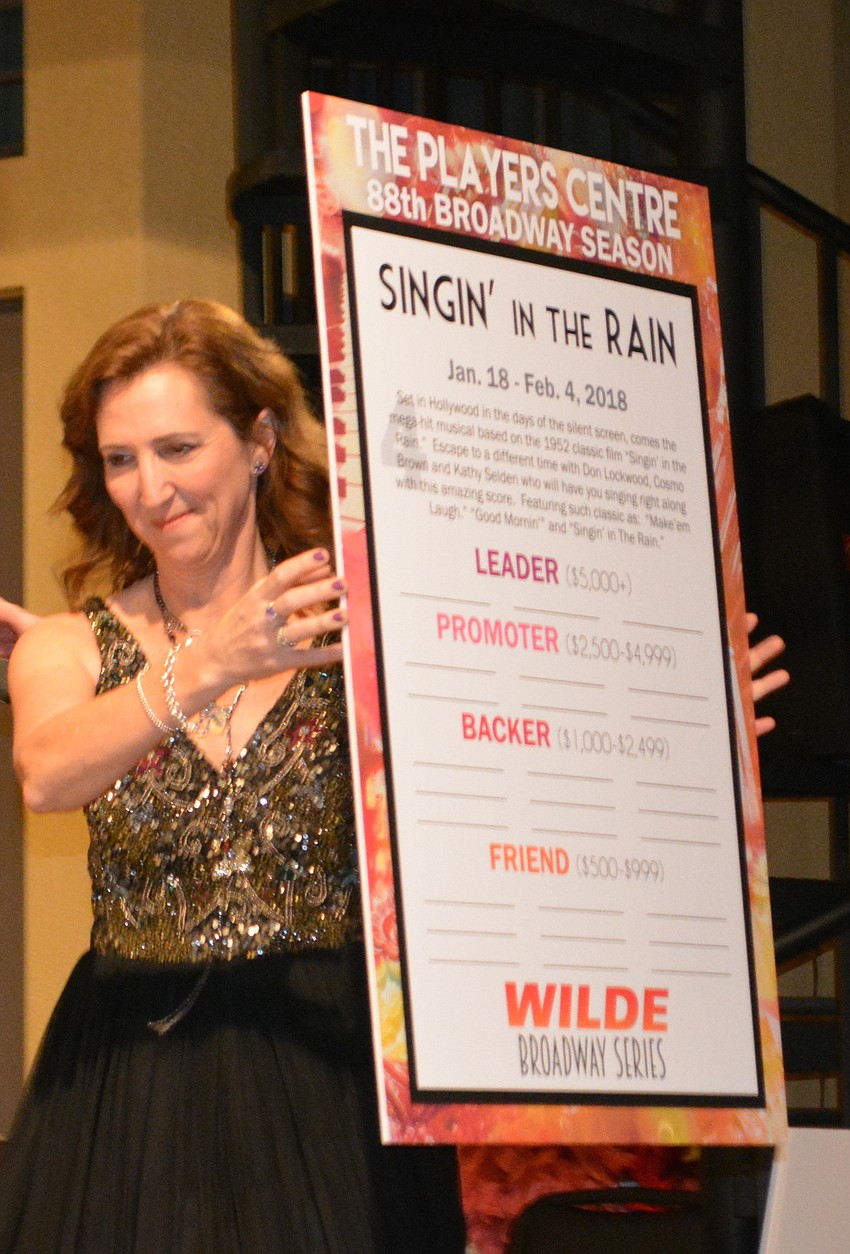 Michelle Bianchi-Pingel carries a board announcing the future The Players'   show in 