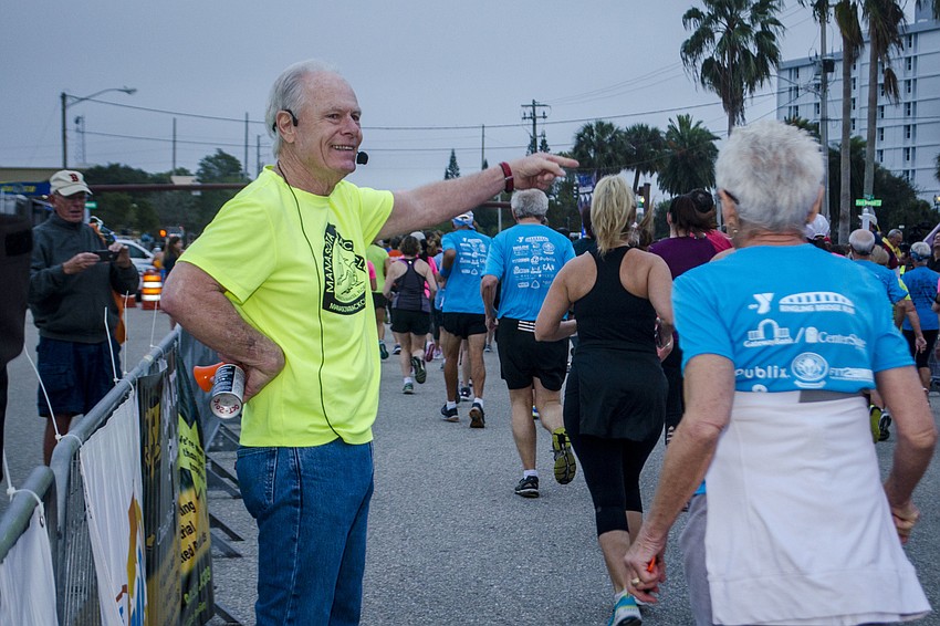 Dan Pollock motivates runners at the starting line of the 14th annual Ringling Bridge Run.