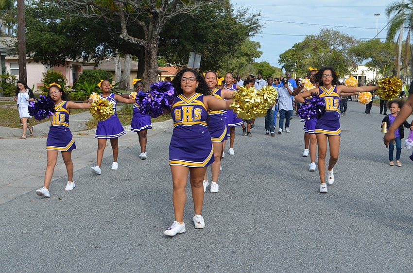 Booker High School cheerleaders led cheers and performed during the MLK Unity Walk from Robert L. Taylor Community Complex to Dr. Martin Luther King Jr. Park.