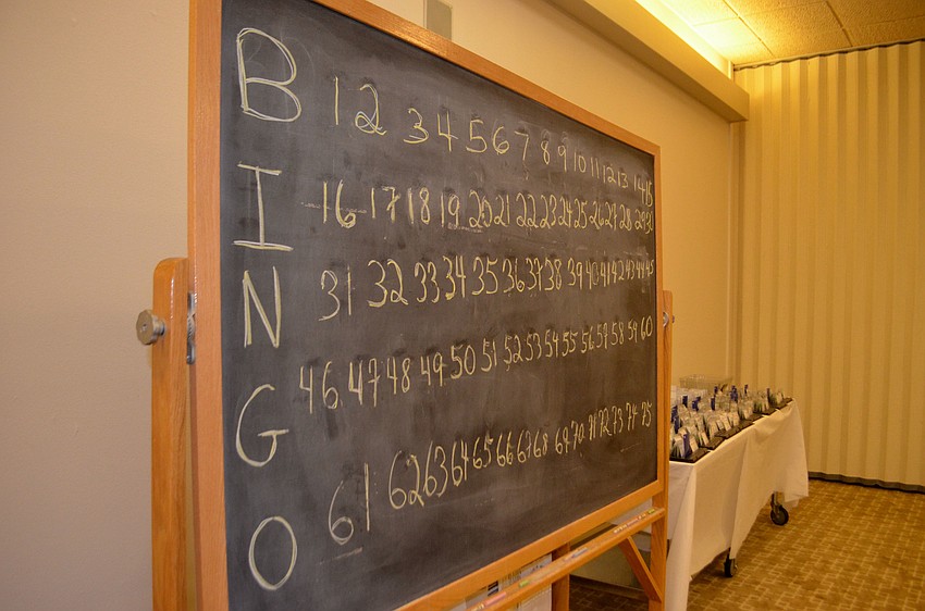 Members played five games of bingo with an electronic announcer. Before the games began, this board was on display.