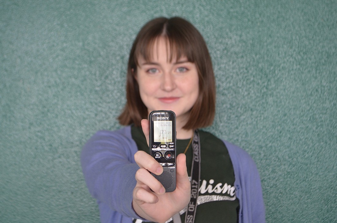 Riley Murphy, senior podcast editor at Lakewood Ranch High School, with her favorite tool, a digital recorder.