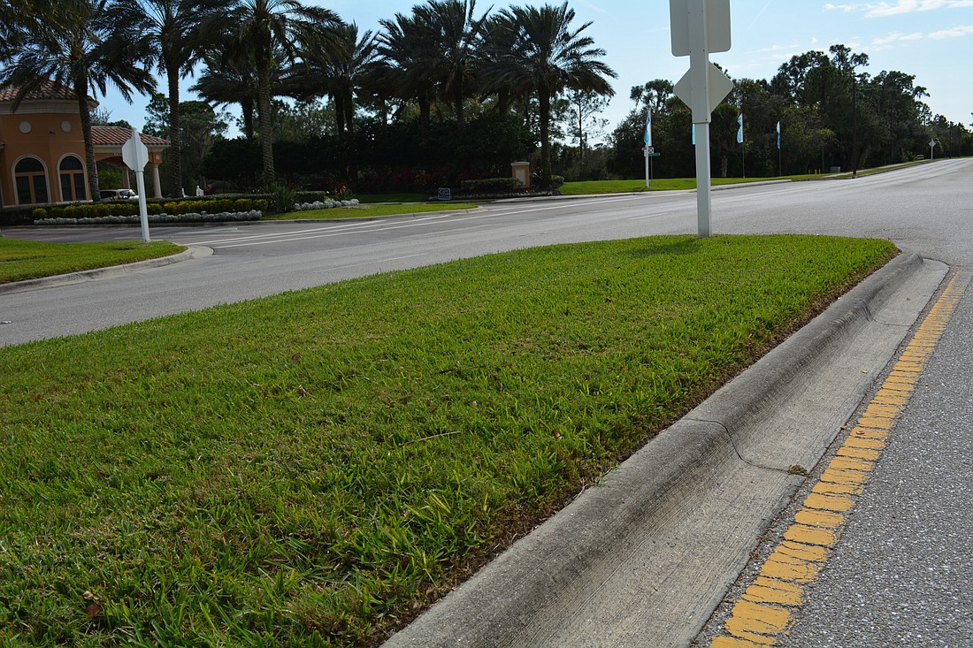 The proposed stop sign would be in the grassy median beside the left turn lane, heading into the Lakewood Ranch Country Club from southbound Lakewood Ranch Boulevard, pictured here.