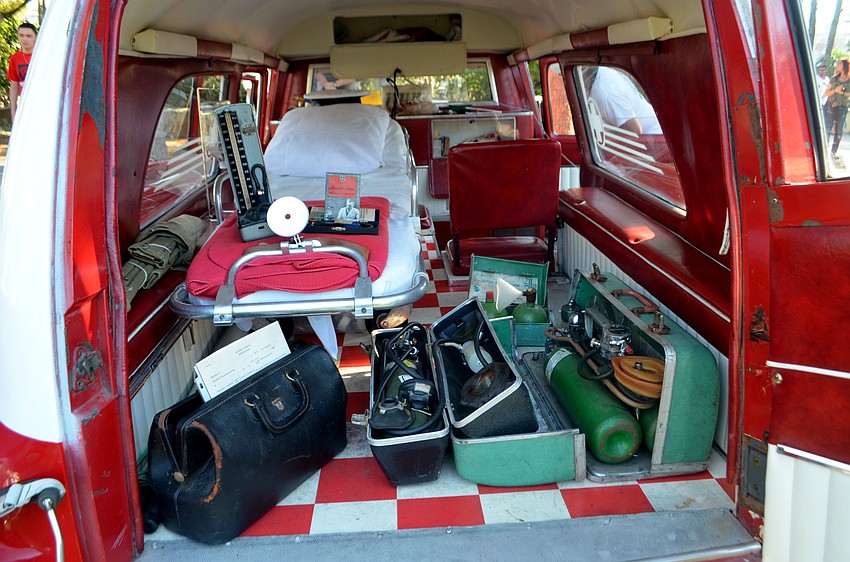 The back of 1957 DeSoto that was used as an ambulance was filled with old medical equipment. Dawson Blackmore bought the car in 1997.