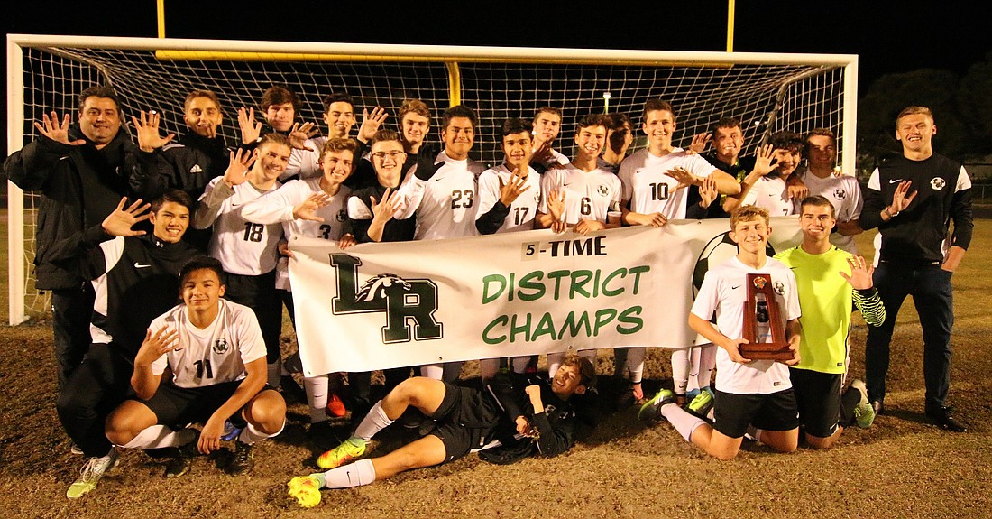 The Lakewood Ranch boys soccerÂ team won its fifth-straight Class 5A District 8 title on Friday, defeating Riverview 8-0.Â  Photo courtesy Susan Misiura and Donna Puhalovich.
