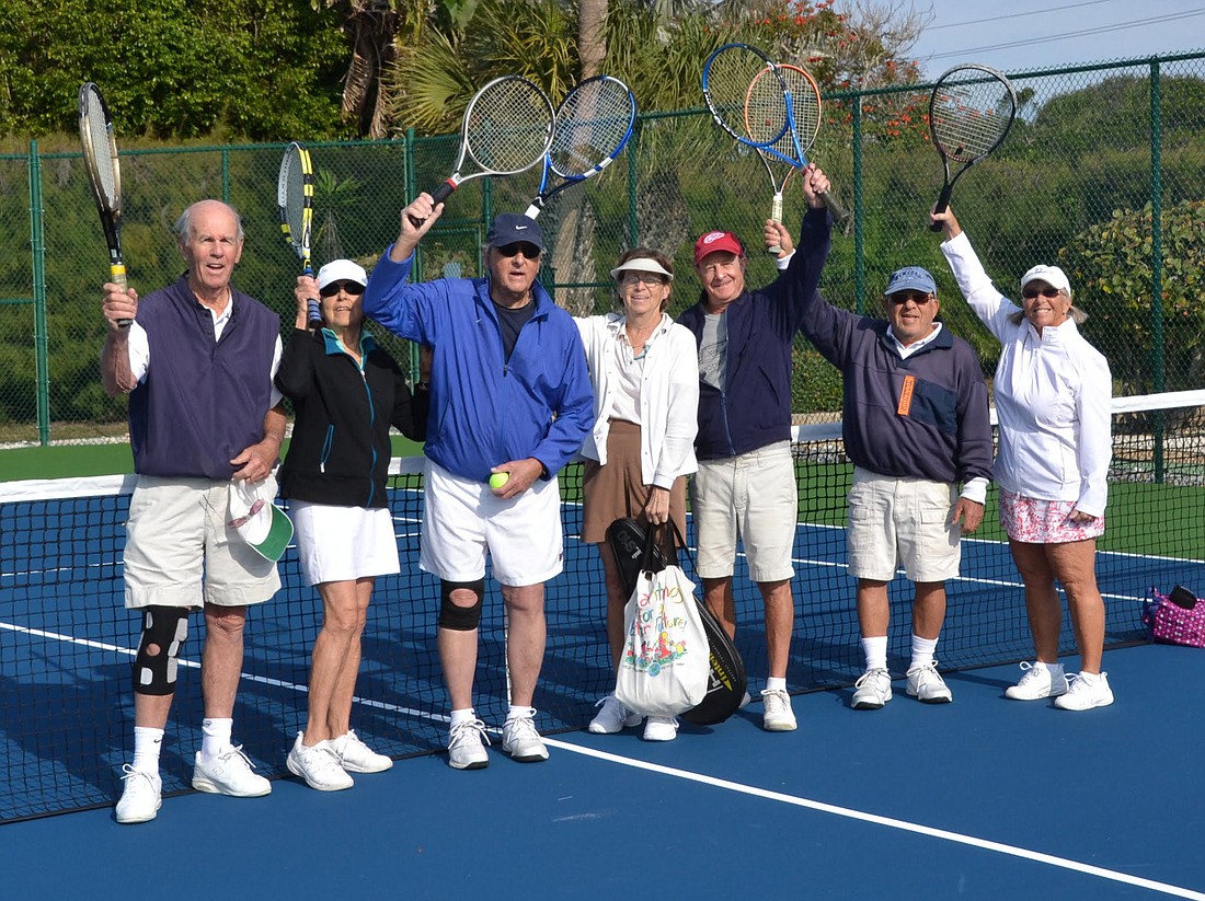 Dick Mott, Louise and George Kelegher, Betty Rahm, Jack crain, Stan Hopmeyer and Joyce Tankersley celebrate the opening of the new tennis courts. Photo courtesy of Neil Blume