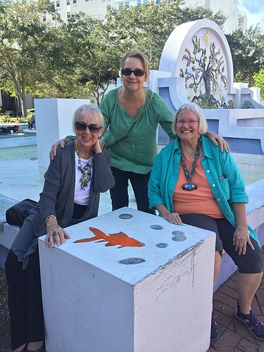 Babara Campo, Danielle Glaysher-Cobian and Nancy Goodheart Matthews are part of a group working with the city to help restore the mermaid fountain in Pineapple Park.