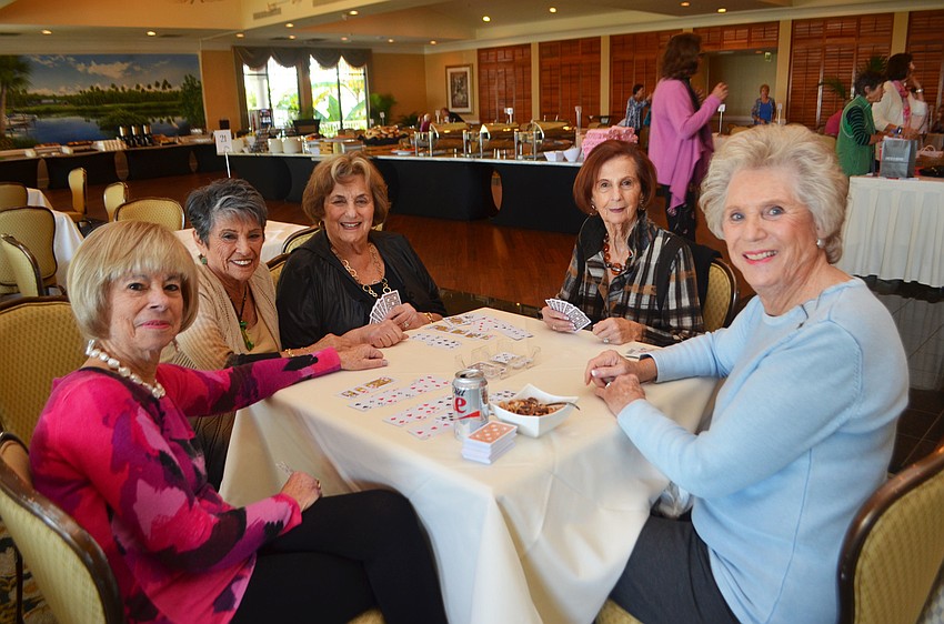 Grace Goldberg, Helene Perretz, Jackie Nusbaum, Marla Levine and  Esta Grocer enjoy a game of canasta.