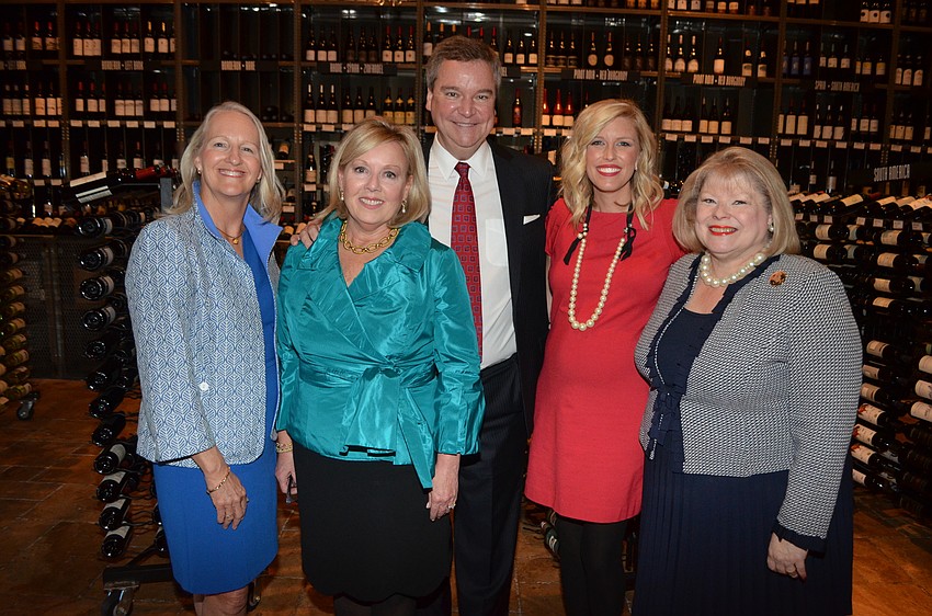 Co-Chairwomen Kim Cornetet and Donna Mateer with speaker Sam Haskell III, Junior League of Sarasota President Britt Riner and Honorary Chairwoman Debbi Benedict