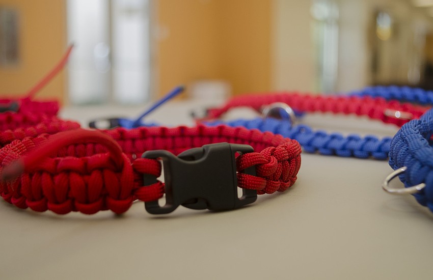 Students made dog collars for Southeastern Guide Dogs.