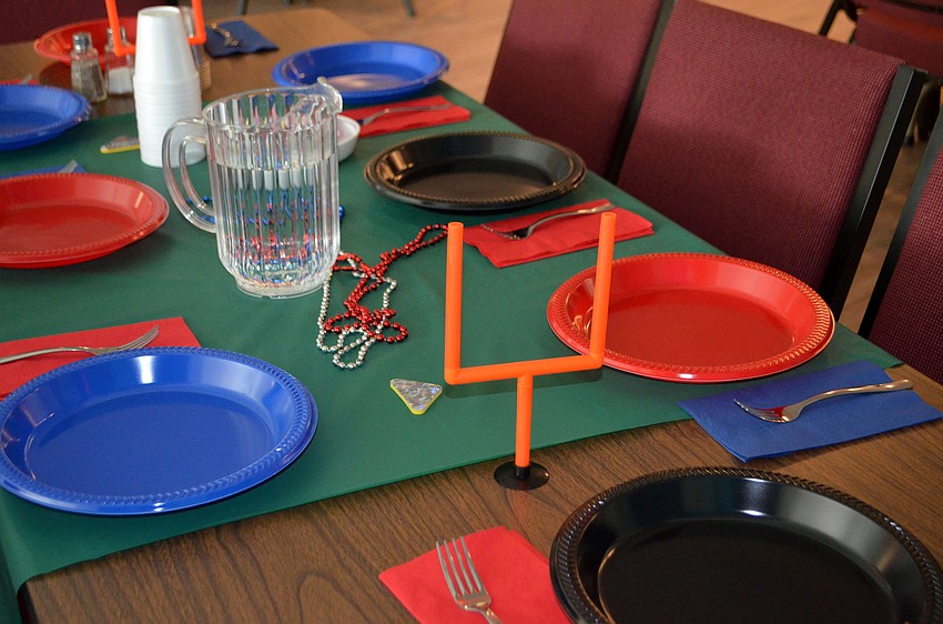 Each table had beads for the Atlanta Falcons and the New England Patriots and field goals in the center.