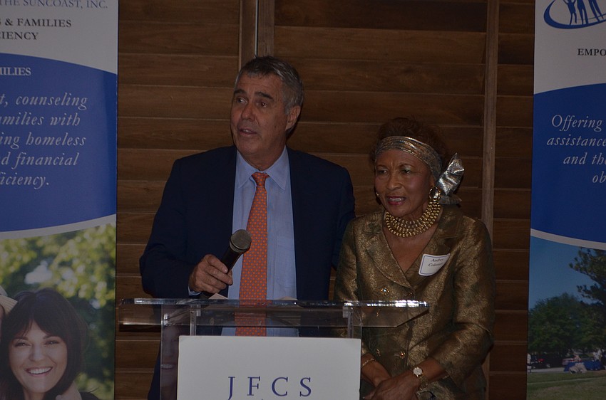 JFCS Board Chairman Steve Seidensticker and event Chairwoman Audrey Coleman speak to the audience at the Community Leaders Luncheon.