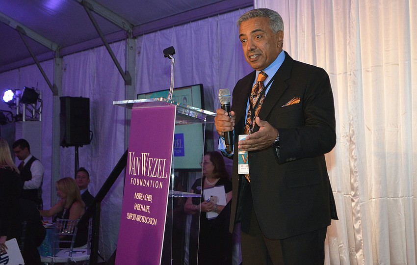 Ali Bahaj, board chairman of the Van Wezel Foundation Board of Trustees, welcomes the crowd to the 16th Annual Van Wezel Foundation Gala at Van Wezel Performing Arts Hall on Feb. 12.
