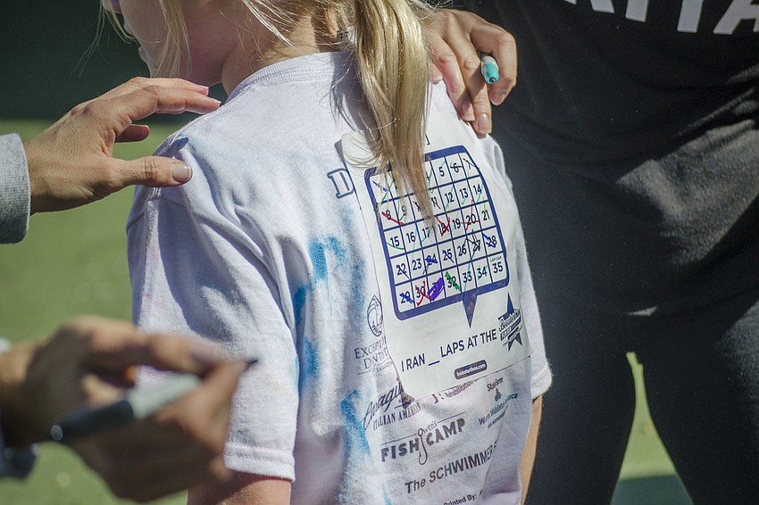 Volunteers marked off the number of laps students had run.