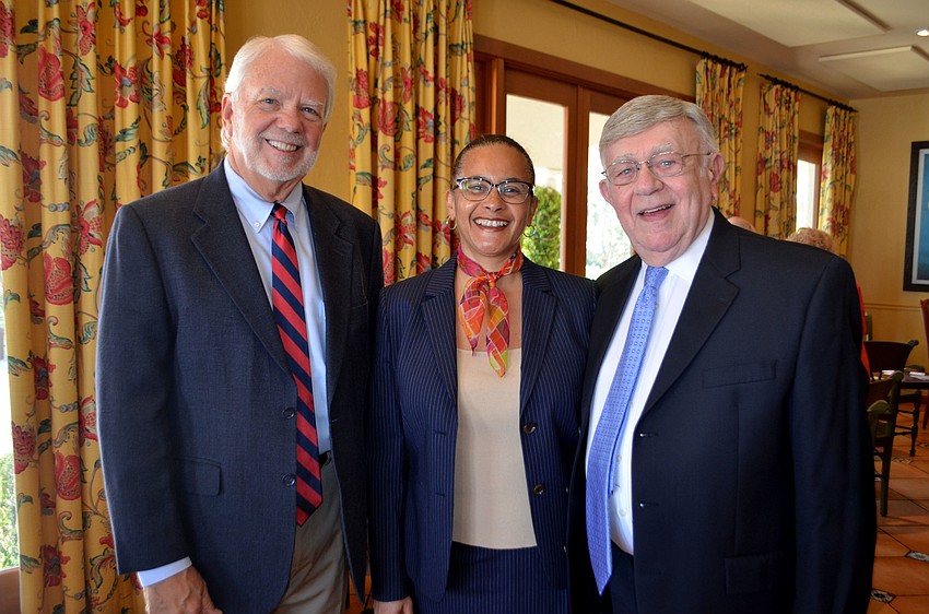 Incoming Longboat Key Democratic Club President Ken Marsh, event speaker President of the Democratic Black Caucus of Manatee and Sarasota Counties Cornell Maxfield and outgoing club President Murray Blueglass