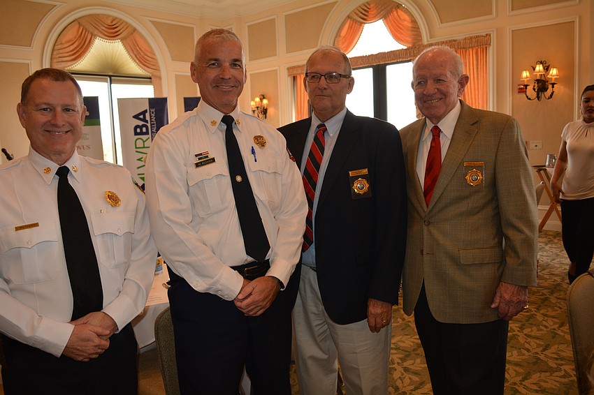 East Manatee Fire Rescue Chief Lee Whitehurst, Sarasota County Fire Department Chief Michael Regnier and East Manatee Fire Rescue commissioners Richard Jacobs and Don O'    Leary came to hear about the event.