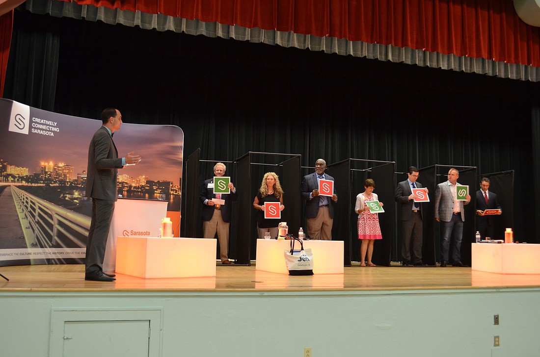 Candidates respond to yes/no questions during a â€lightning roundâ€ at Wednesdayâ€™s Sarasota Underground candidate forum.