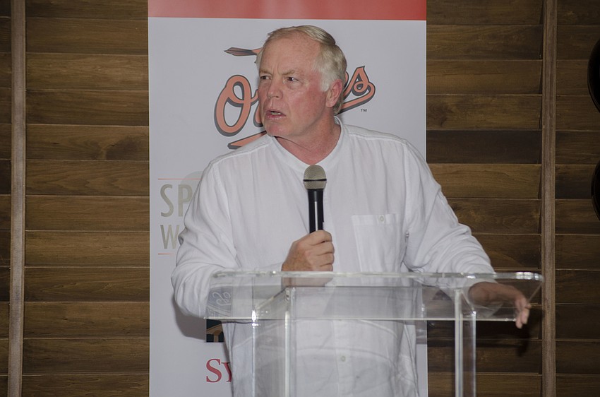 Orioles Manager Buck Showalter addresses guests.
