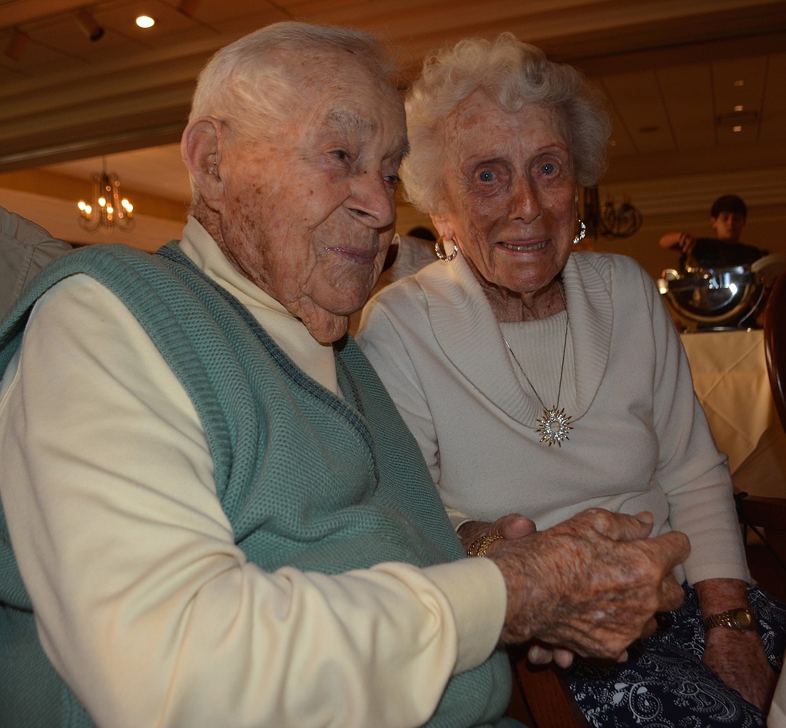 Gus and Betty Andreone celebrate Betty&#39;    s 100th birthday in a ceremony at Palm Aire Country Club.