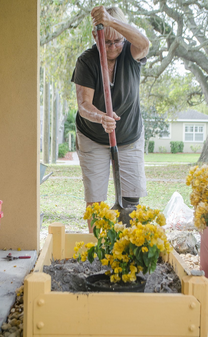 Diana Hamilton helps plant flowers in front of the Gillespie Park police substation.