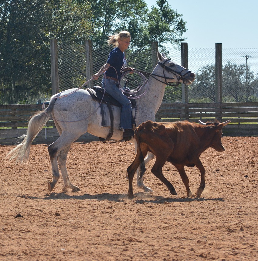 Polo player Sally Miller tries to rope a steer.
