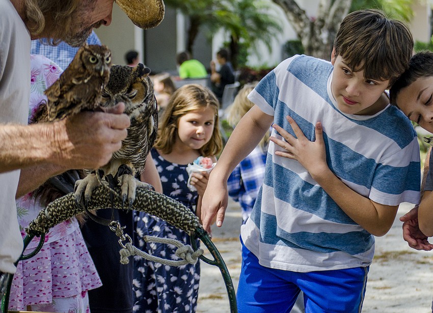 Benjamin Baram looks at an owl from Matthew'       s Wildlife Rescue.