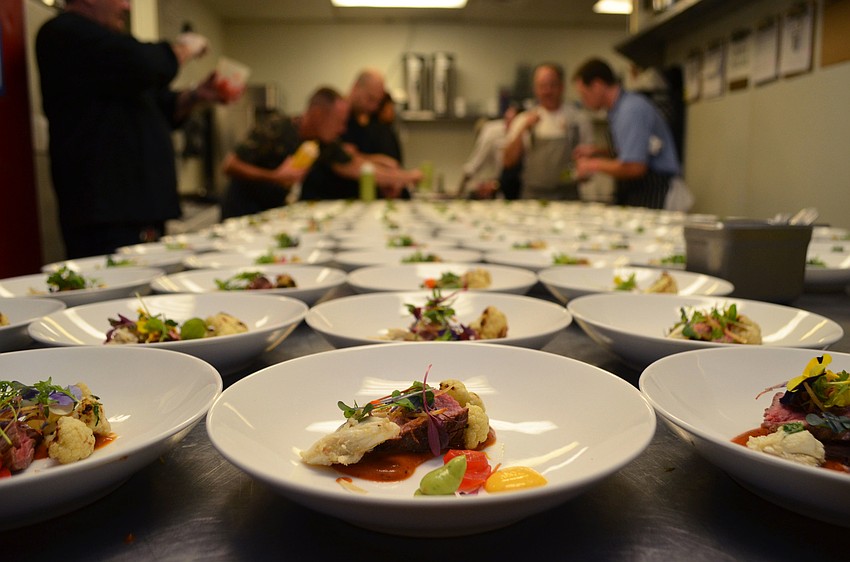 Darwin Santa Maria’s third course was a beef tiradito with aji panca BBQ sauce, stuffed avocado with crab meat, grilled cauliflower, cripsy yucca and micro cilantro at Foodlosophy  on March 10 at Michael’s On East.