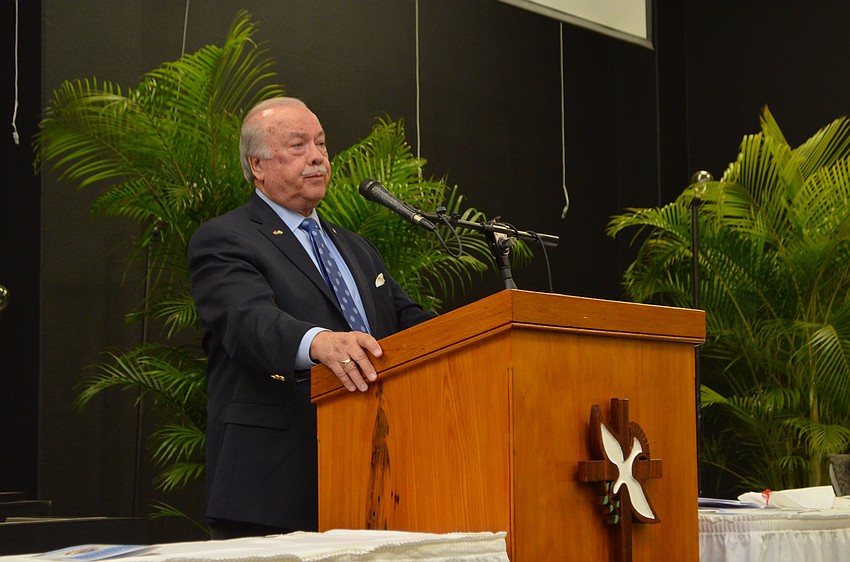 Mayors’ Feed the Hungry Chairman Joel Swallow gives his opening remarks at the Mayors’ Feed the Hungry 30th Anniversary Celebration on March 22 at Harvest Church.