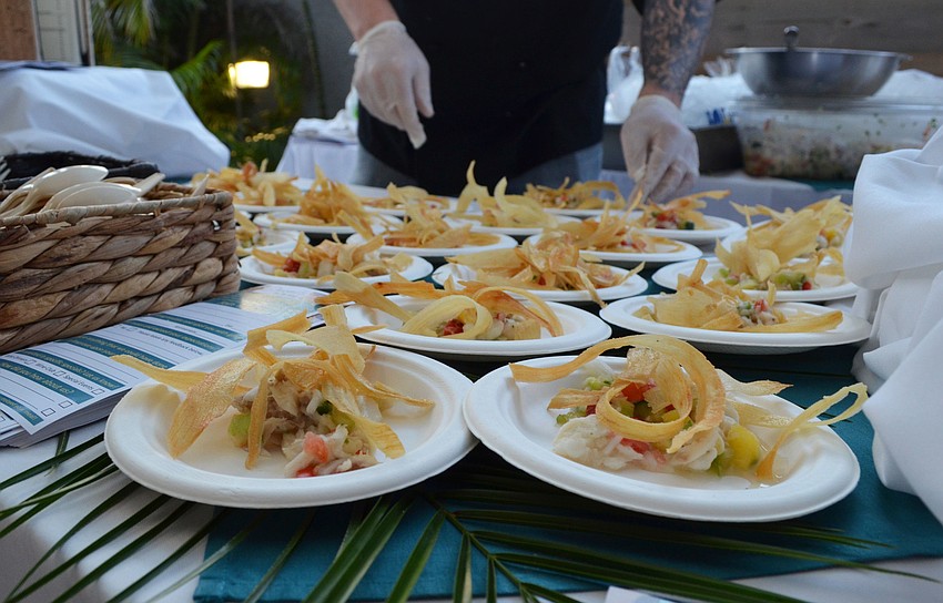 Duval’s employees served whitefish, cucumber and citrus ceviche with crispy yucca at Party on the Pass: “Hot Night in Old Havana” on March 24 at Mote Marine Laboratory & Aquarium.