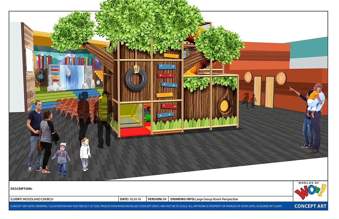 World of Wow renderings show the treehouse-themed play structure in front of the new stage. Courtesy rendering.