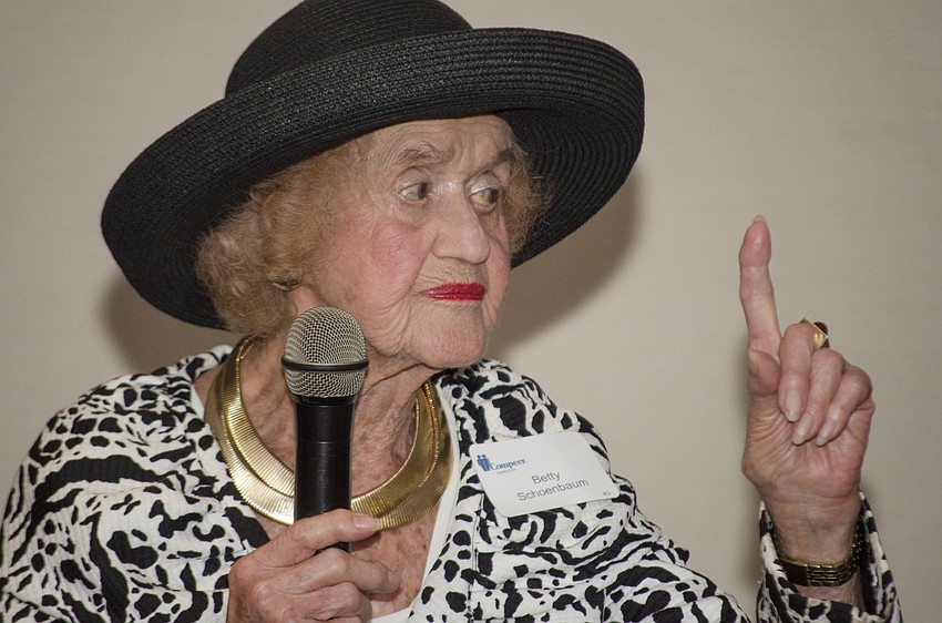 Betty Schoenbaum tells guests what she finds important about this cause while speaking at the Compeer Luncheon on April 6 at The Francis.