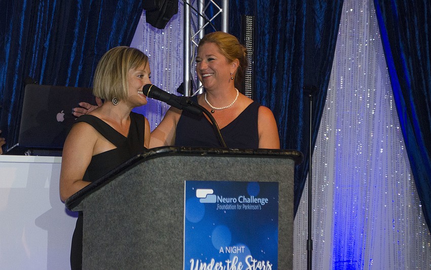 Co-Chairwomen Angela Abrams and Diana Napoliello laugh after their speech at A Night Under the Stars on April 7 at Michael’s On East.