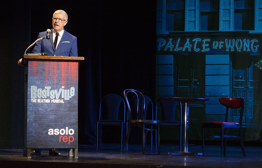 Michael Donald Edwards, producing artistic director for the Asolo, addresses the crowd at the “Beatsville” media event on April 11 at the FSU Center for the Performing Arts.
