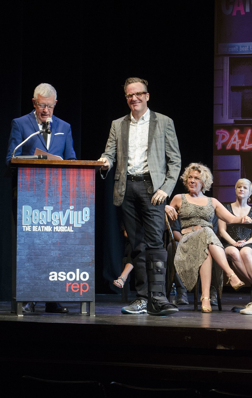 Michael Donald Edwards, producing artistic director for the Asolo, introduces Director Bill Berry at the “Beatsville” media event on April 11 at the FSU Center for the Performing Arts.