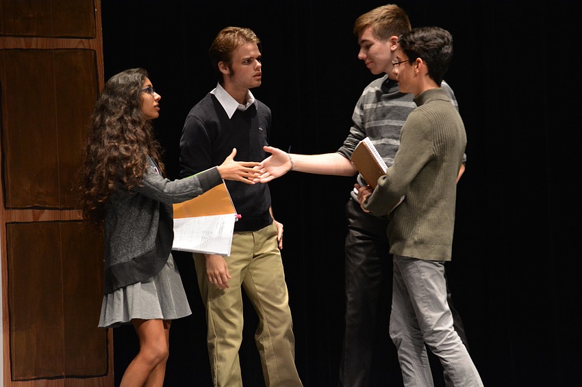 Hannah Kaba, Joshua Hogie, Marshall Knapp and Jony Levy greet each other during their first day of law school at Harvard.