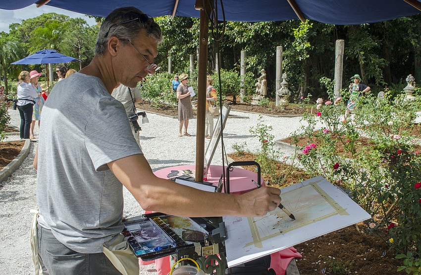 Classically trained American artist Vladislav Yeliseyev paints the garden at Blossoms & Brunch on April 22 at The Ringling.