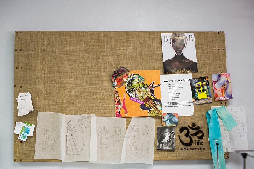 Huard keeps an inspiration board in her design area, where she pins new designs she's working on for future projects.
