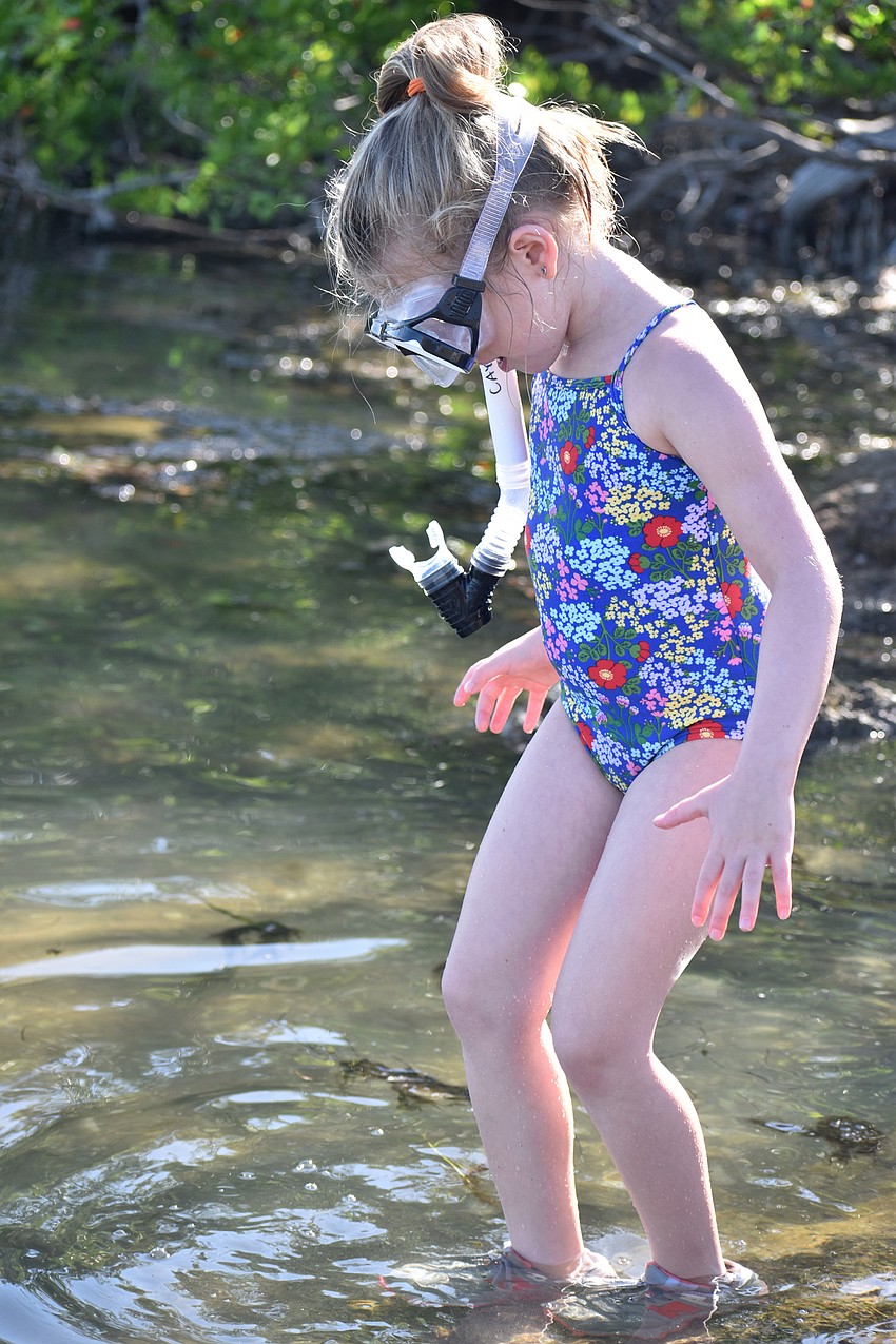 Cayden Stolarski steps off a rock into the water.