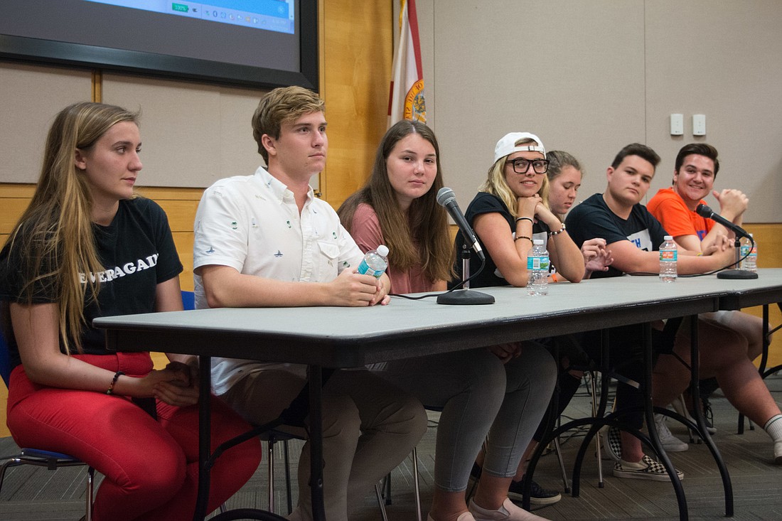 Sarasota student activists Katy Cartlidge, Regan Fox, Hailey Landry join Parkland students Delaney Tarr, Sarah Chadwick, John Barniff and Brenden Duff in a discussion about ending gun violence in schools.