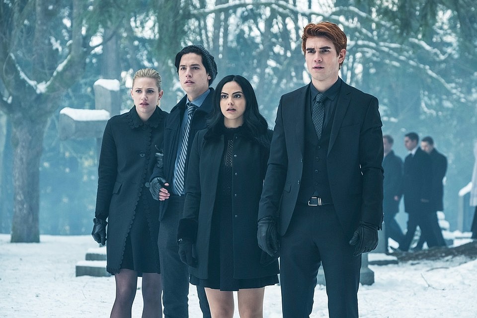 Lili Reinhart, Cole Sprouse, Camila Mendes and KJ Apa in "Riverdale." Image source: The CW.