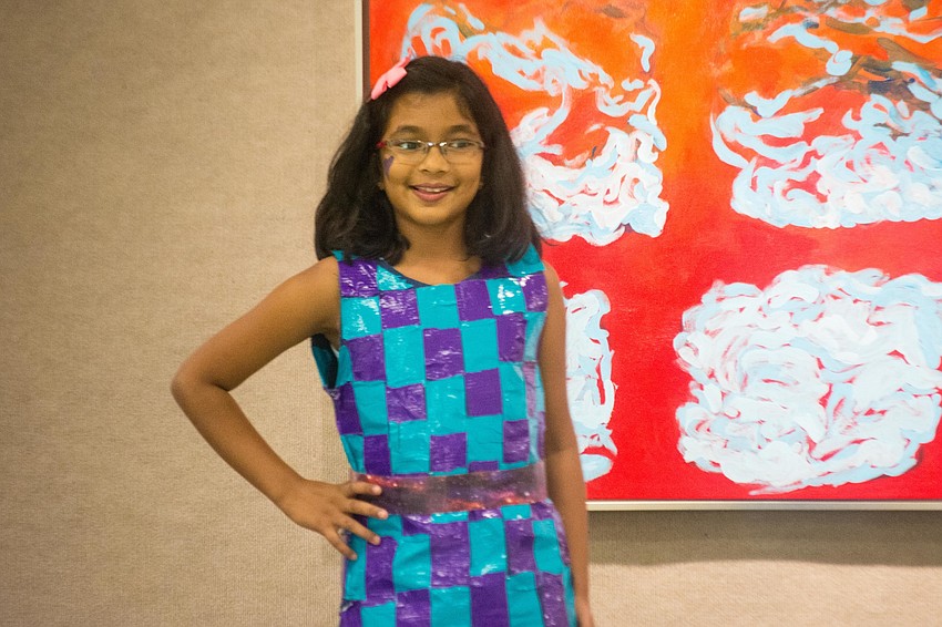 Riya Doshi designed an outfit made from straws, duct tape and poster board.