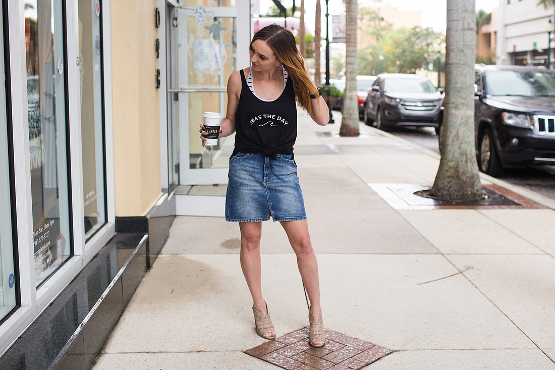 Karlenn Peluso in the Billabong Black Magic skirt and True Blue Vibes Seas the Day tank at T.Georgianoâ€™s Boutique.