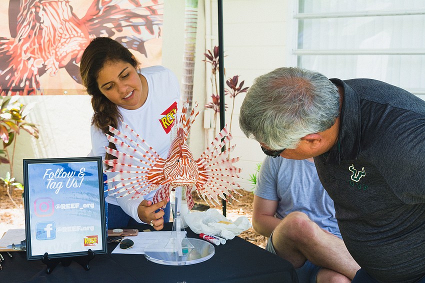 Laura Palomino points out the parts of a lionfish.