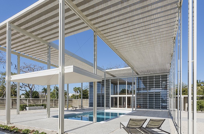 The â€œumbrellaâ€ shade structure above the Umbrella House was re-created as part of a 2015 renovation to the property.