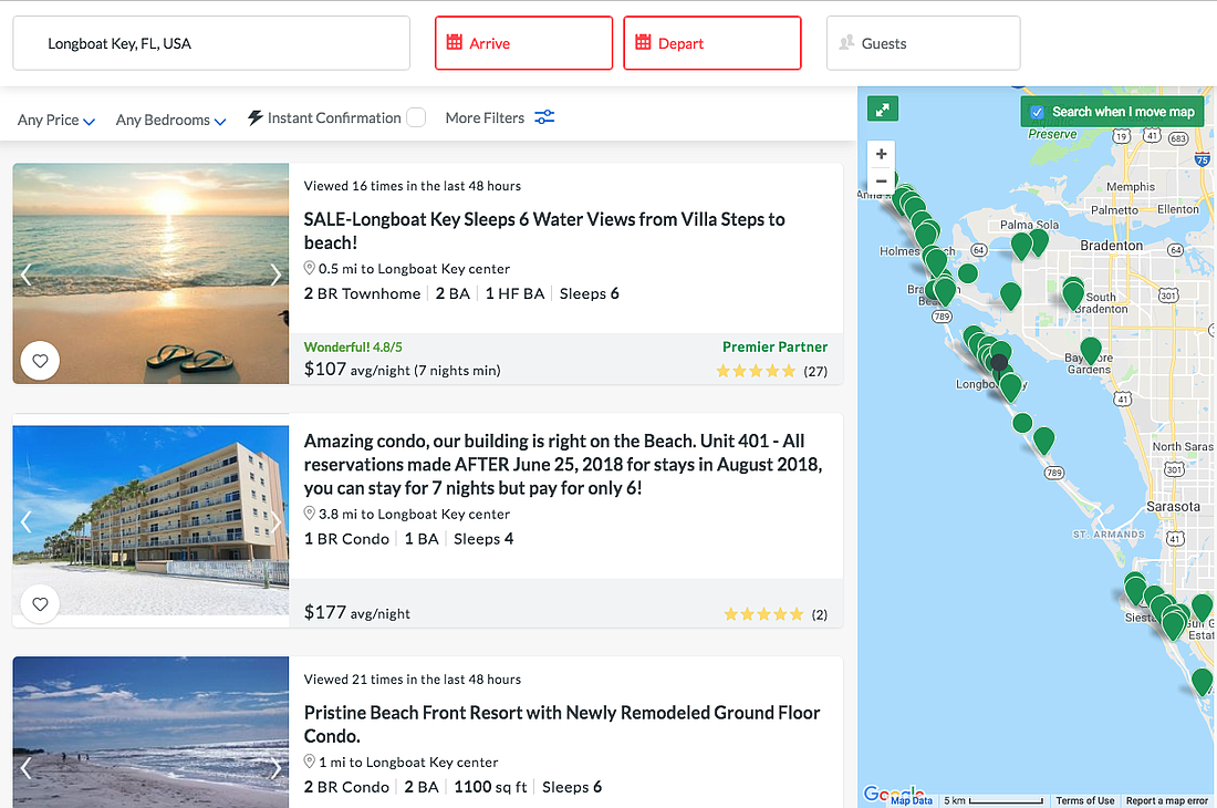 More than 300 listings appeared with a search of Longboat Key on vacation rental site VRBO.