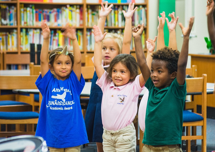 Leila Schaedler-Luera, Maci Kaufman, Grace Lunde Villata, Amy Ramirez-Moreno and Jayden Burgos follow along to a dance routine.