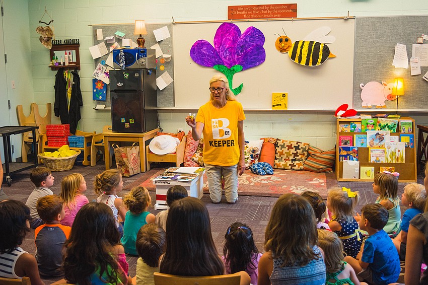 Beekeeper Agnes Kubolicz  teachers campers at Hershorin Schiff Community Day School about bees.