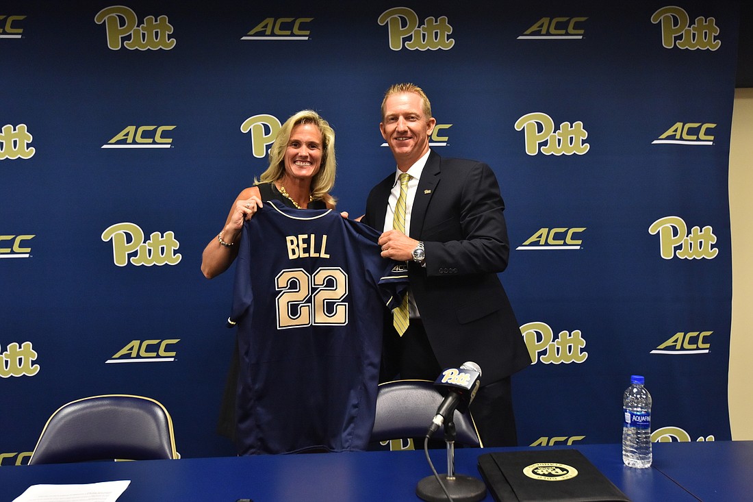 University of Pittsburgh athletic director Heather Lyke introduces new head baseball coach Mike Bell. Courtesy photo.