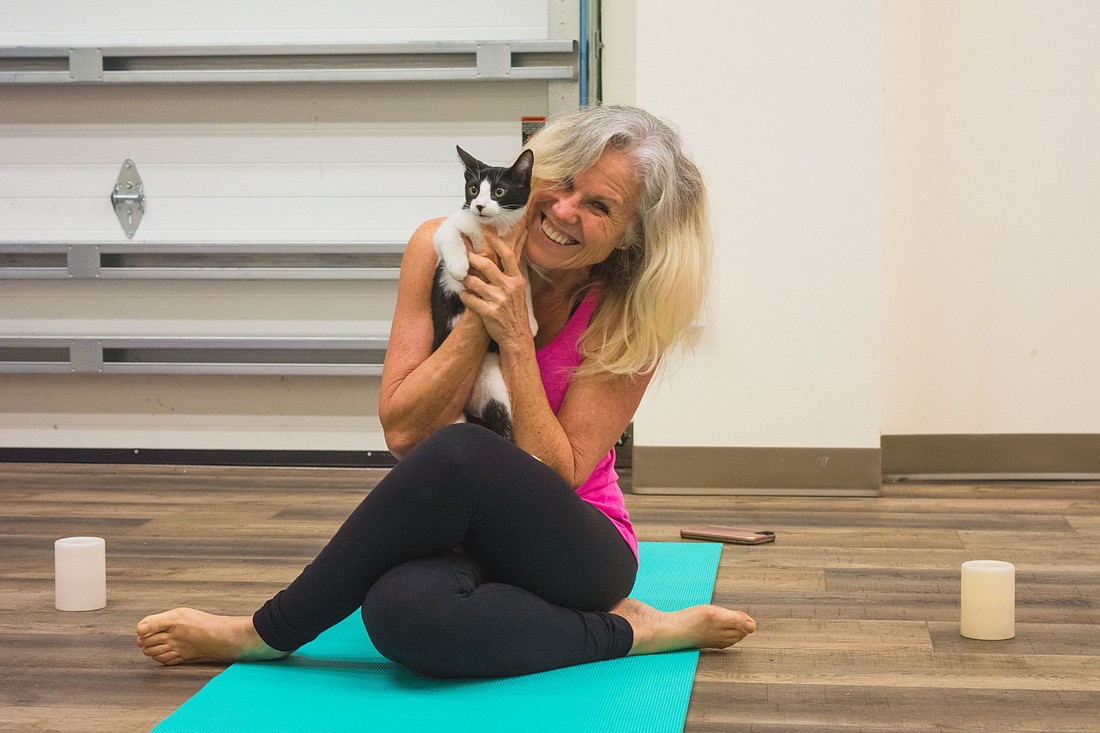 Pearl Dahmen enjoys Cat Depot&#39;s Namastray Yoga with Kevin the kitten.