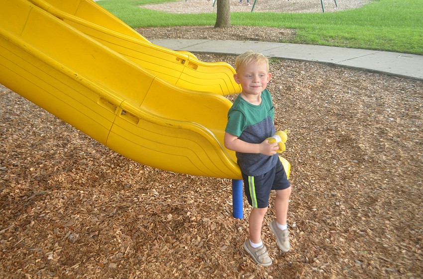 Bradenton's  Titus Davenport, 3, has fun sliding down the slide at the picnic while his parents eat under the pavilion.